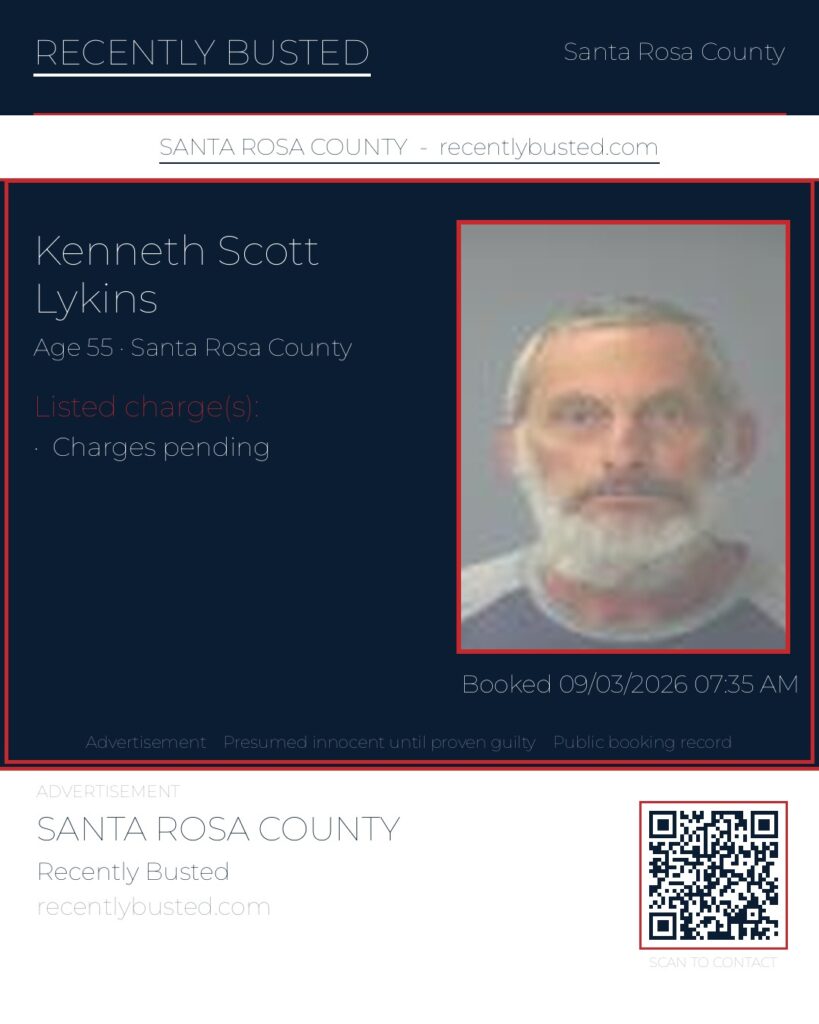 Kenneth Scott Lykins — arrest record card, Santa Rosa County, Florida