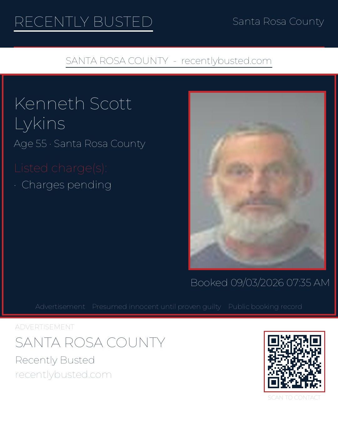 Kenneth Scott Lykins — arrest record card, Santa Rosa County, Florida
