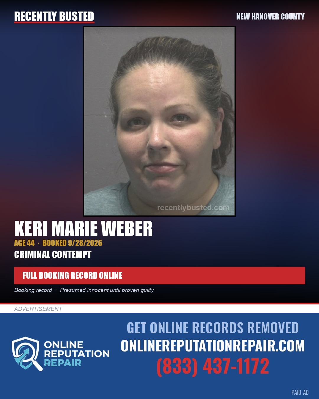 KERI MARIE WEBER — arrest record card, New Hanover County