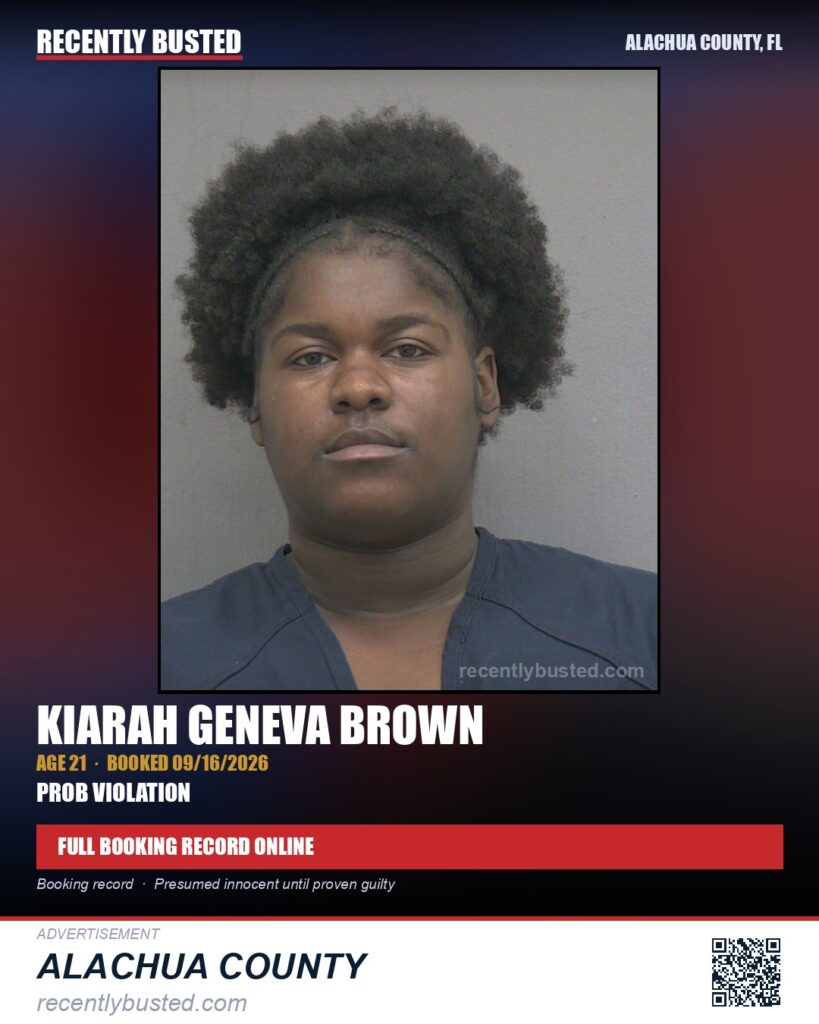 Kiarah Geneva Brown — arrest record card, Alachua County, Florida