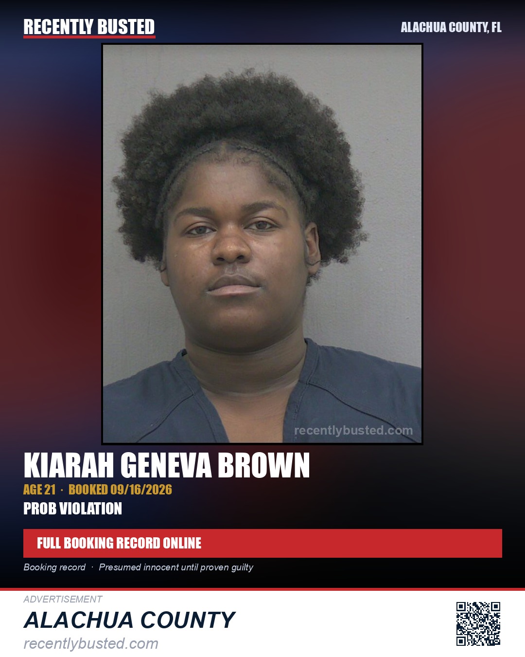Kiarah Geneva Brown — arrest record card, Alachua County, Florida