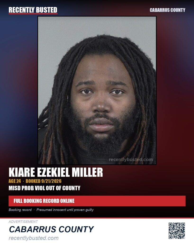 KIARE EZEKIEL MILLER — arrest record card, Cabarrus