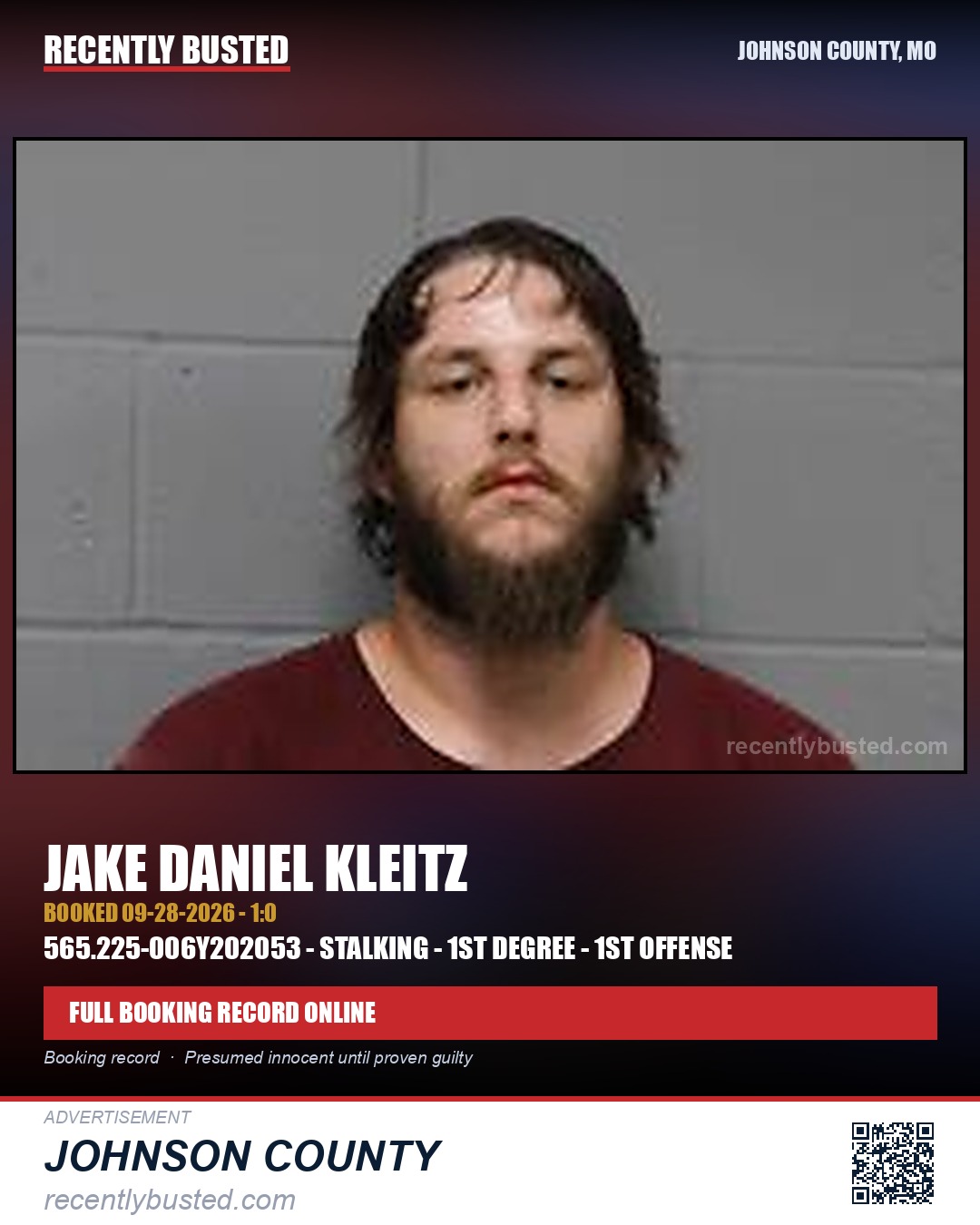 KLEITZ, JAKE DANIEL — arrest record card, Johnson County, Missouri