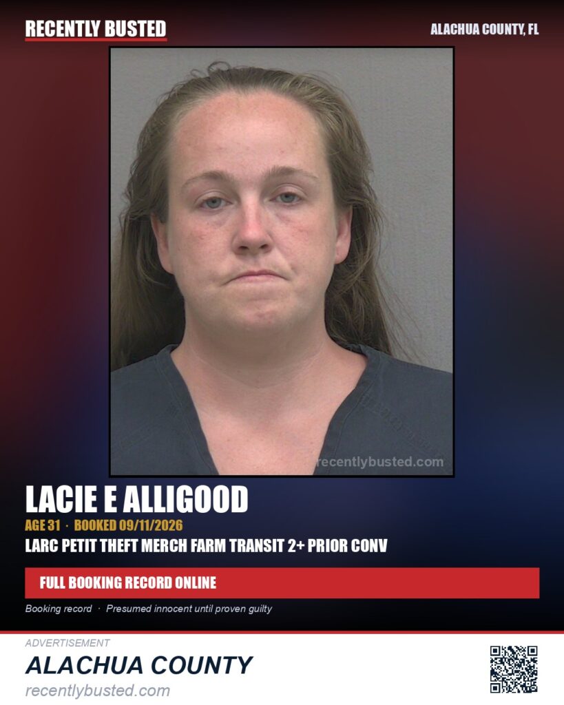 Lacie E Alligood — arrest record card, Alachua County, Florida