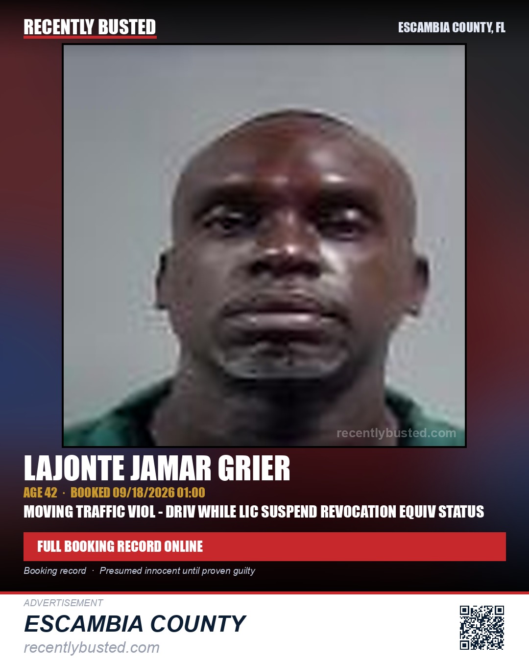 Lajonte Jamar Grier — arrest record card, Escambia County, Florida