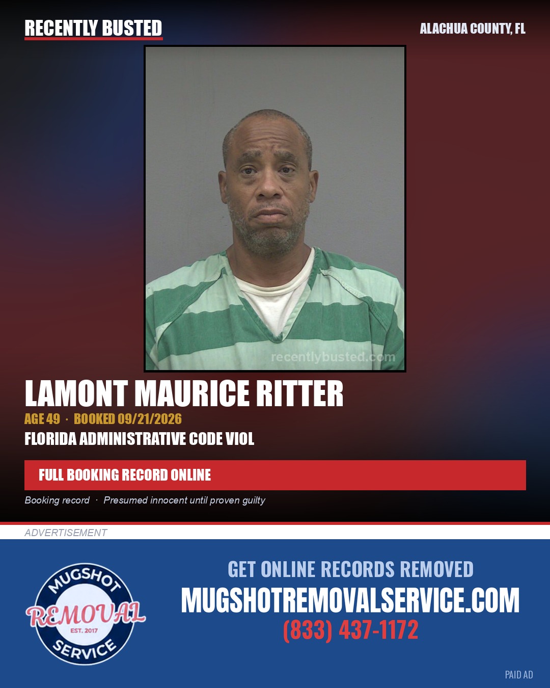 Lamont Maurice Ritter — arrest record card, Alachua County, Florida