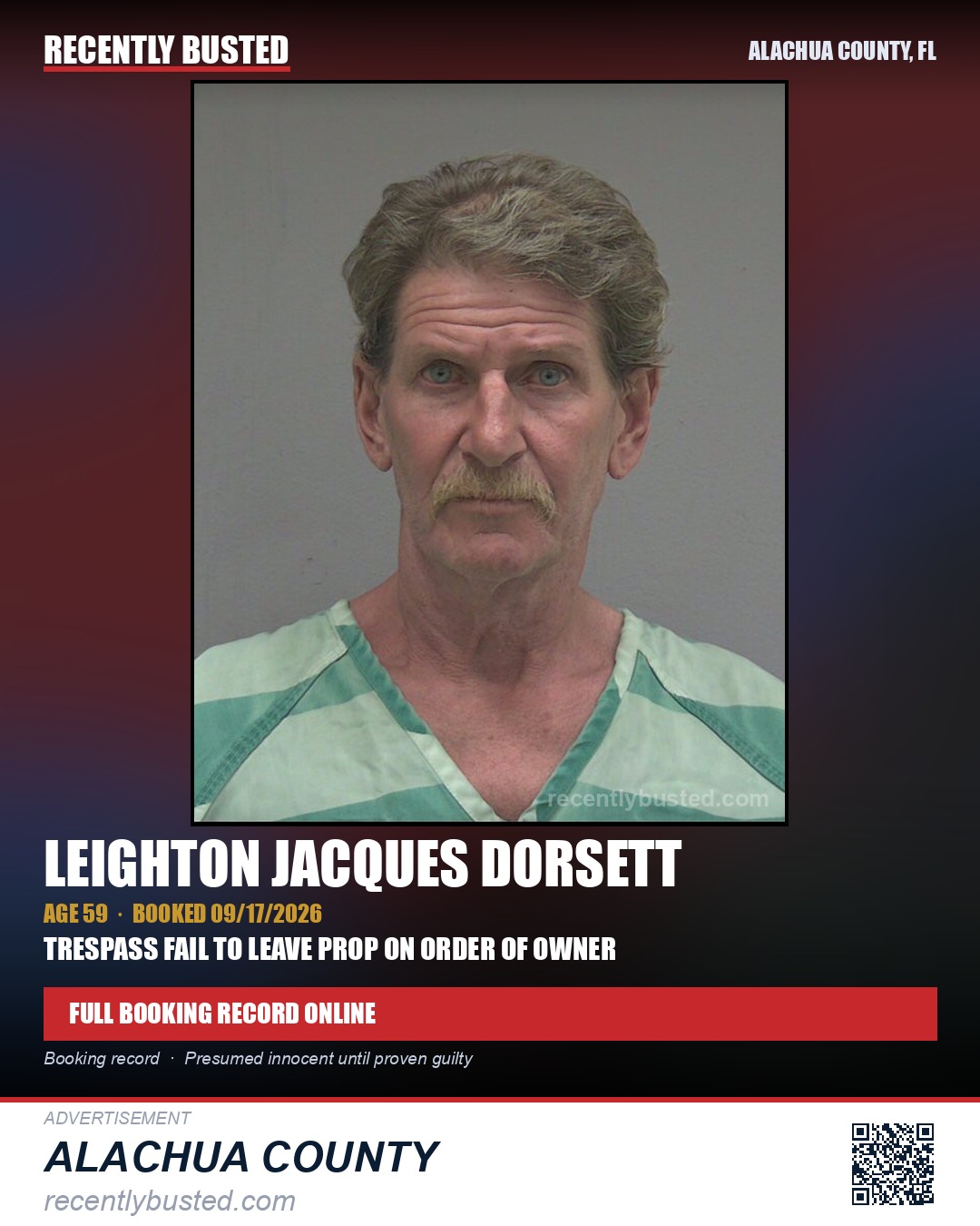 Leighton Jacques Dorsett — arrest record card, Alachua County, Florida