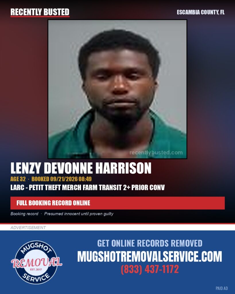 Lenzy Devonne Harrison — arrest record card, Escambia County, Florida