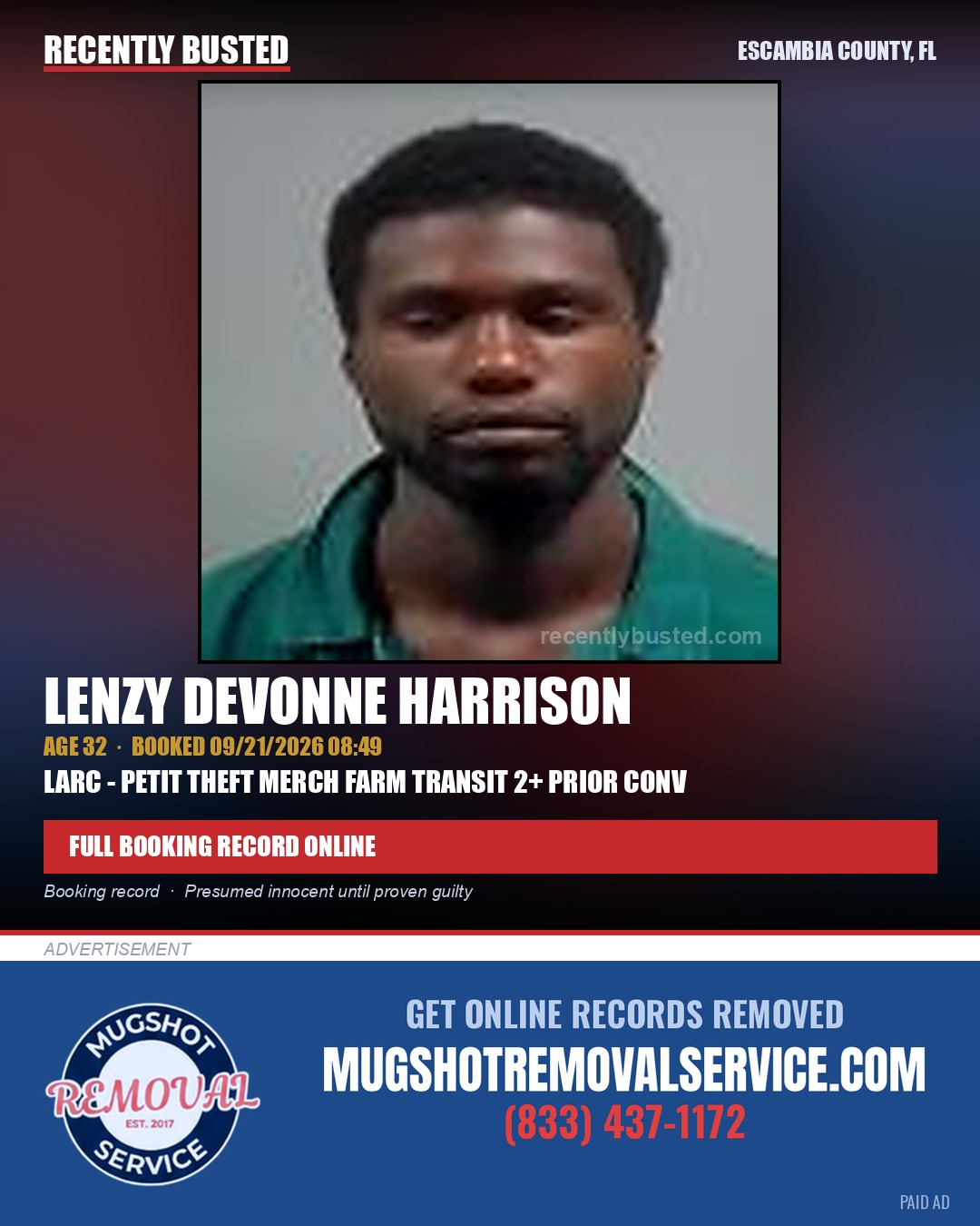 Lenzy Devonne Harrison — arrest record card, Escambia County, Florida