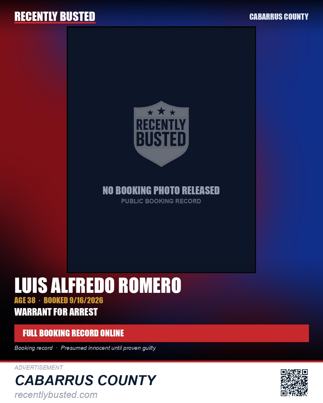 LUIS ALFREDO ROMERO — arrest record card, Cabarrus County