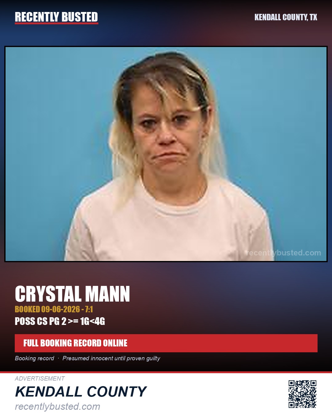 Mann, Crystal — arrest record card, Kendall County, Texas