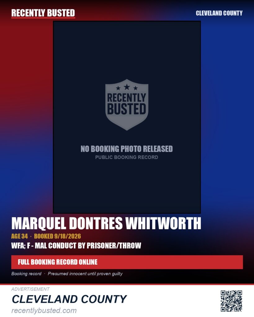 MARQUEL DONTRES WHITWORTH — arrest record card, Cleveland County