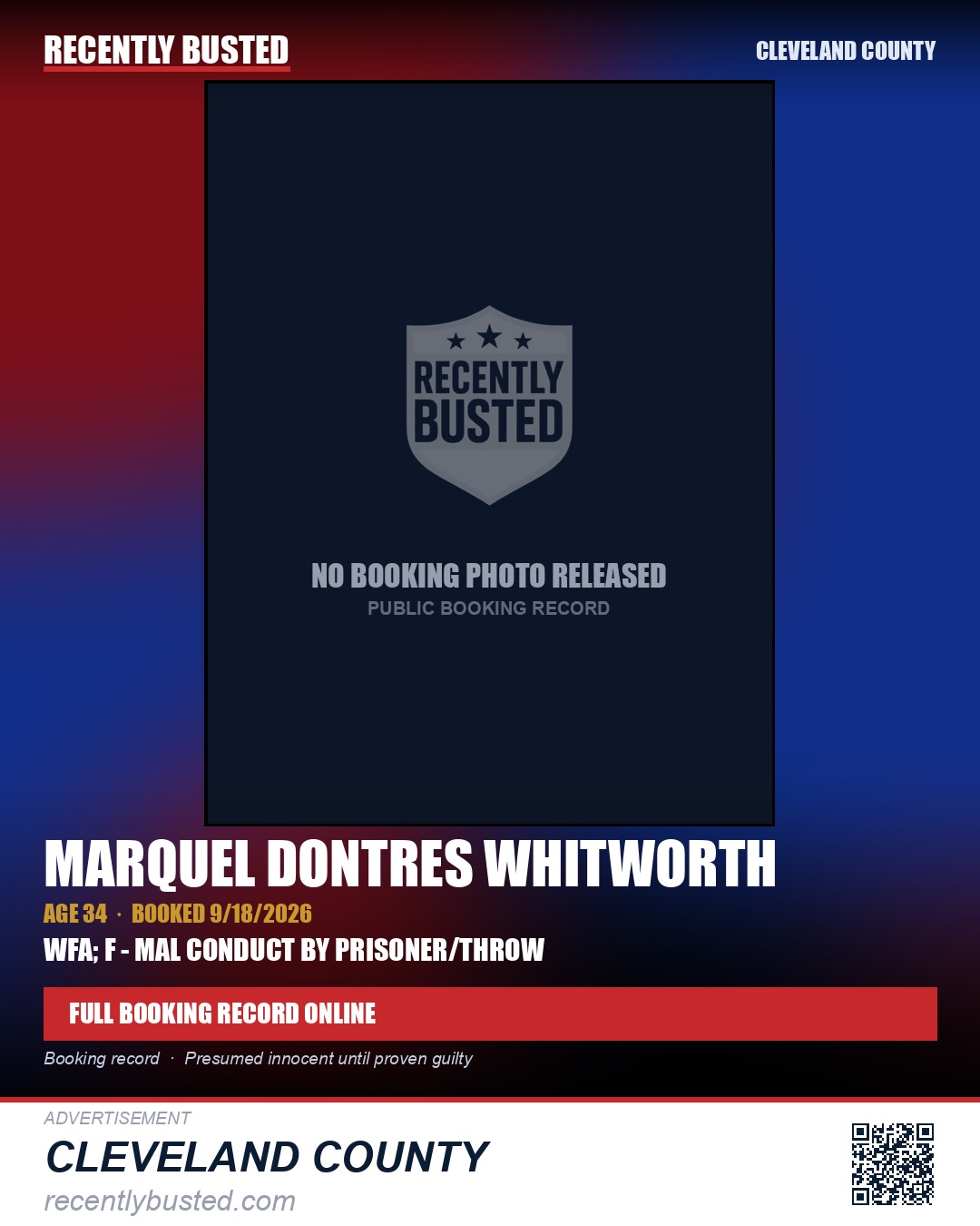 MARQUEL DONTRES WHITWORTH — arrest record card, Cleveland County