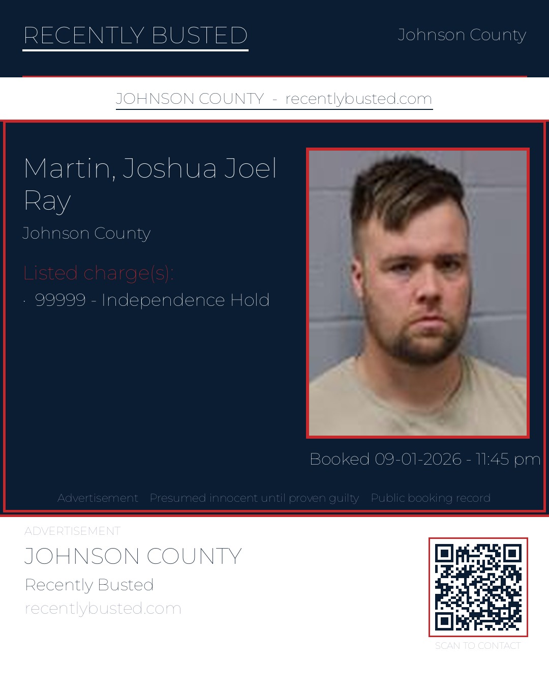 MARTIN, JOSHUA JOEL RAY — arrest record card, Johnson County, Missouri