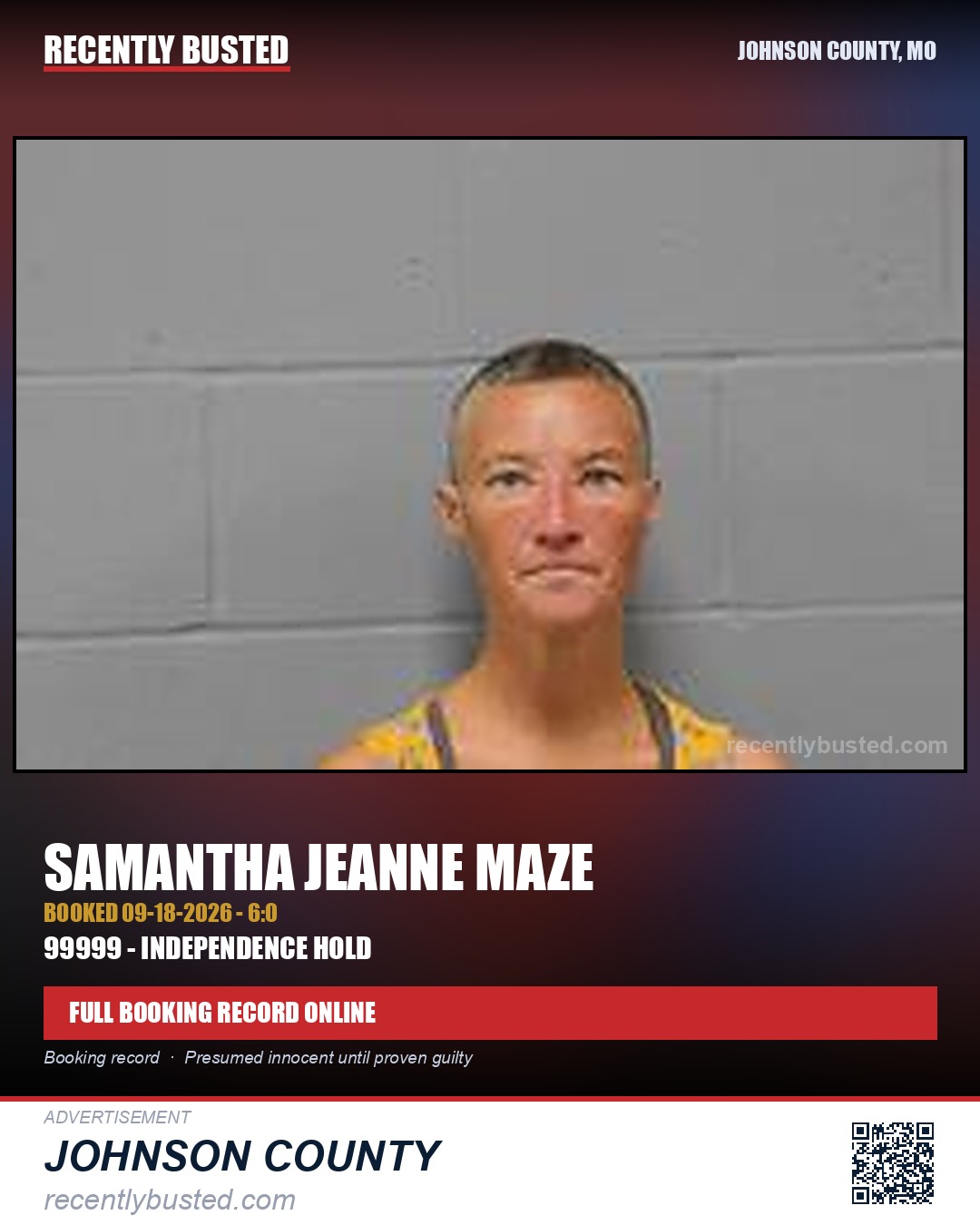MAZE, SAMANTHA JEANNE — arrest record card, Johnson County, Missouri