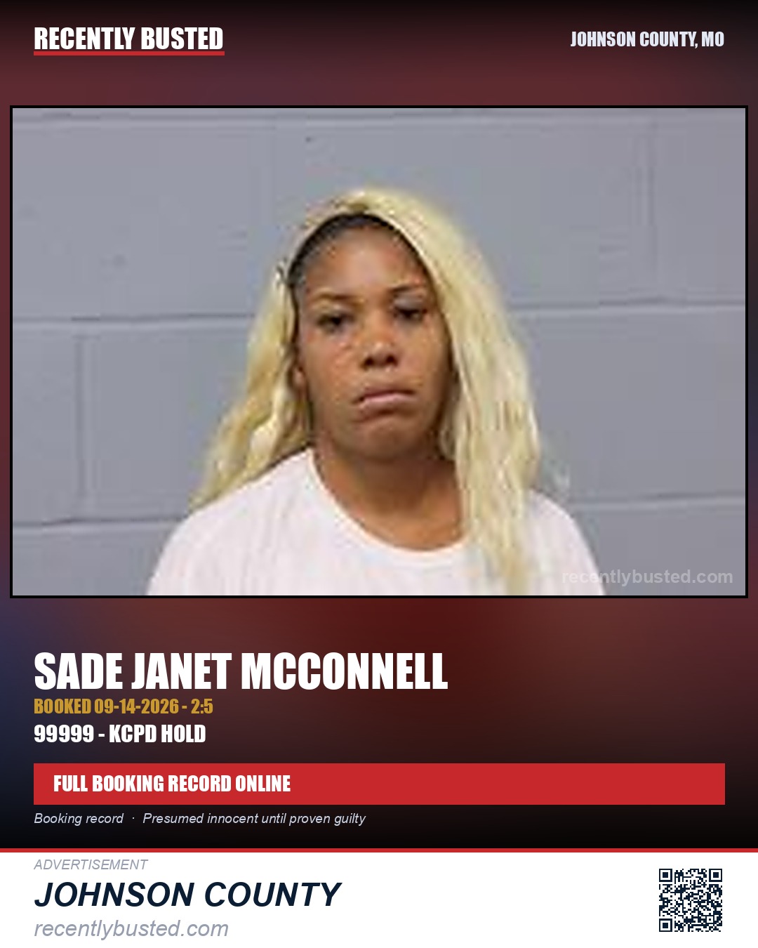 MCCONNELL, SADE JANET — arrest record card, Johnson County, Missouri