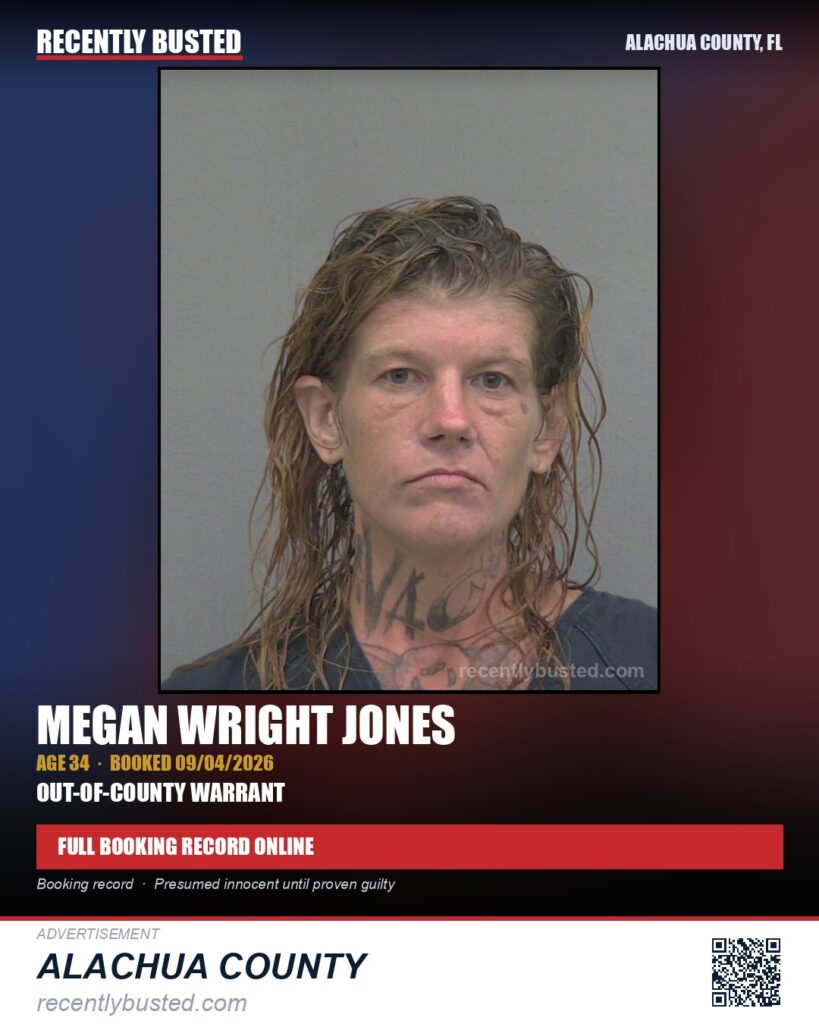 Megan Wright Jones — arrest record card, Alachua County, Florida