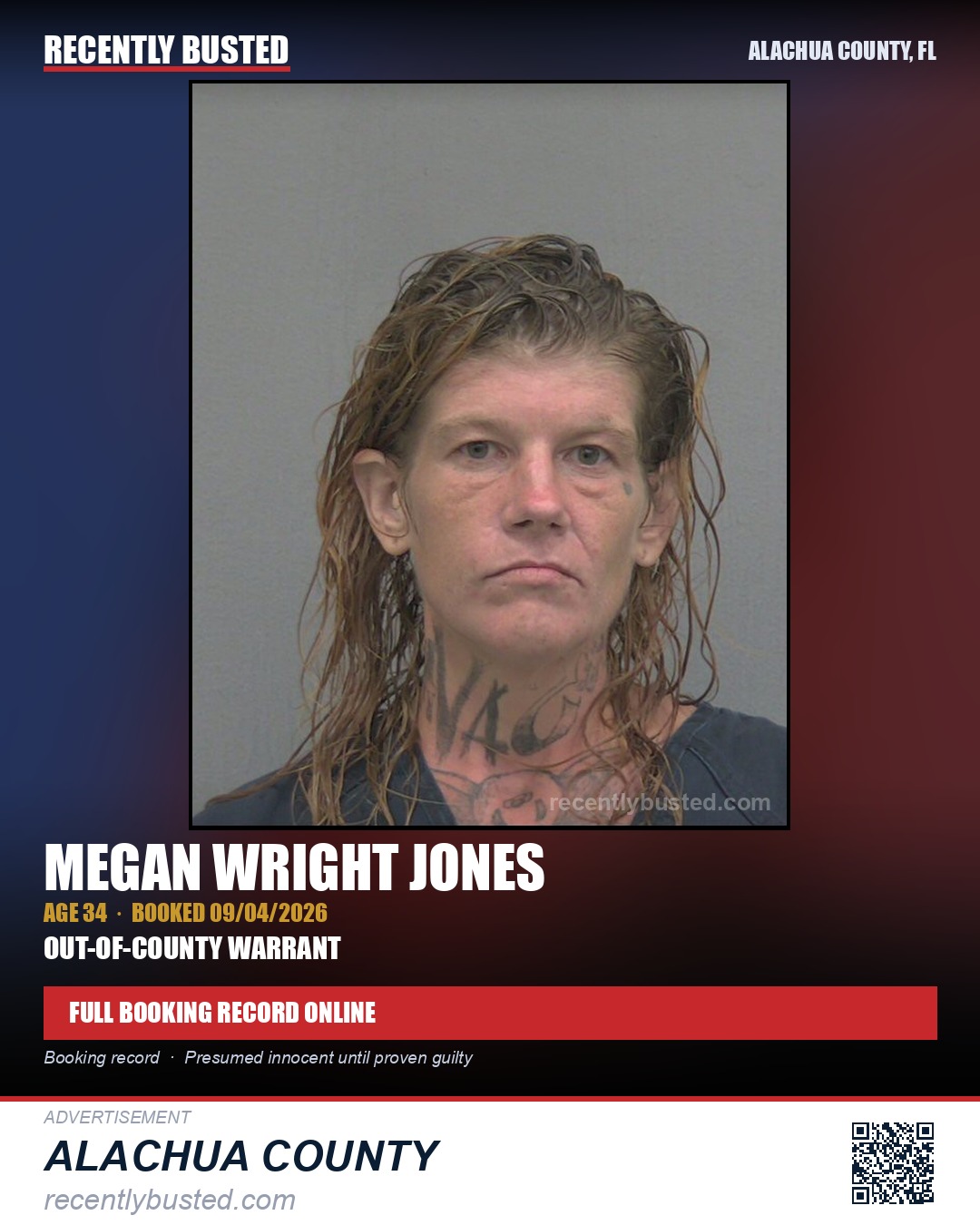 Megan Wright Jones — arrest record card, Alachua County, Florida
