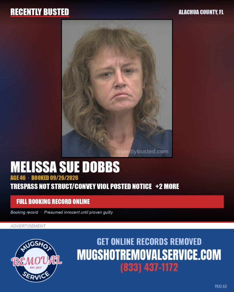 Melissa Sue Dobbs — arrest record card, Alachua County, Florida