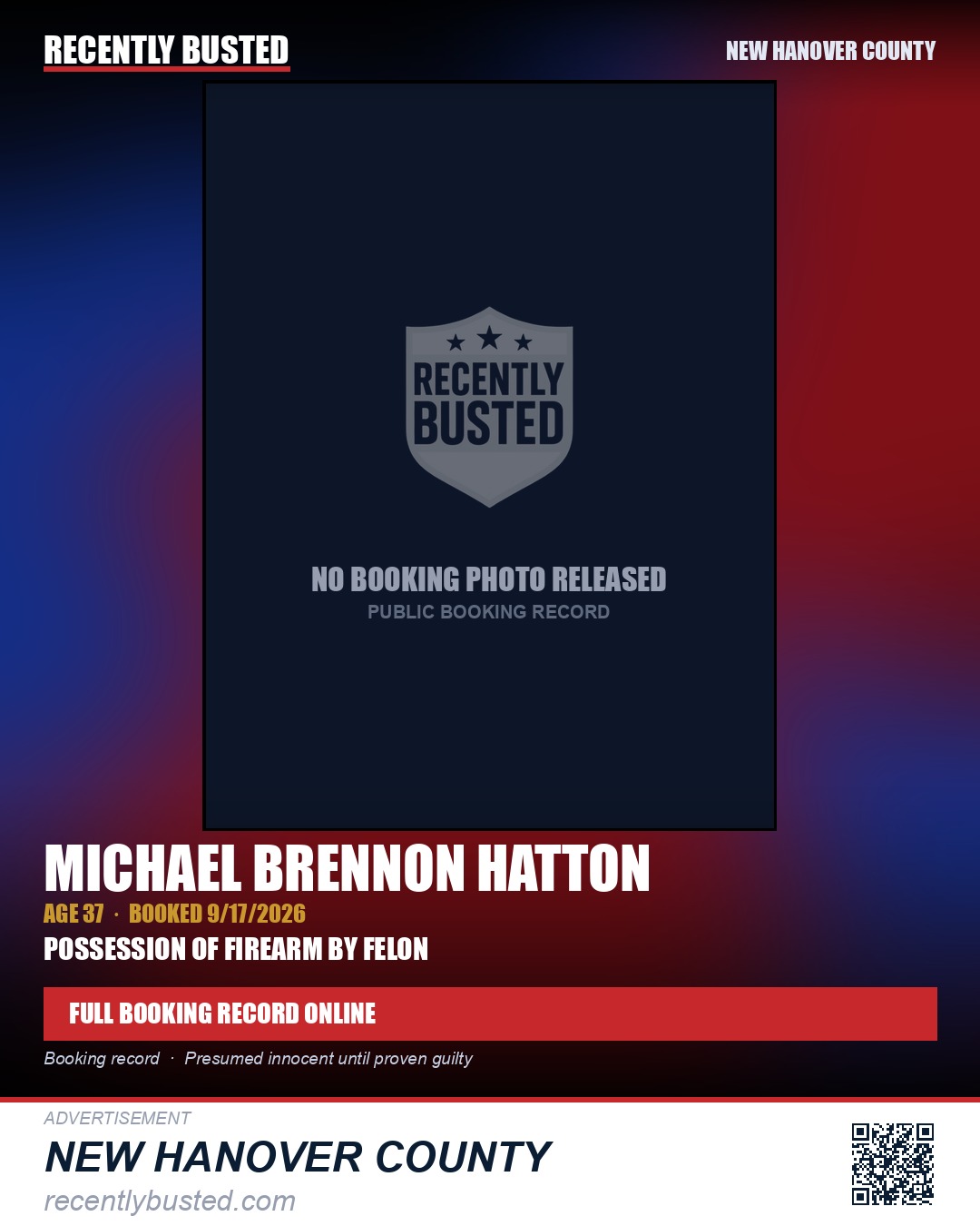 MICHAEL BRENNON HATTON — arrest record card, New Hanover County