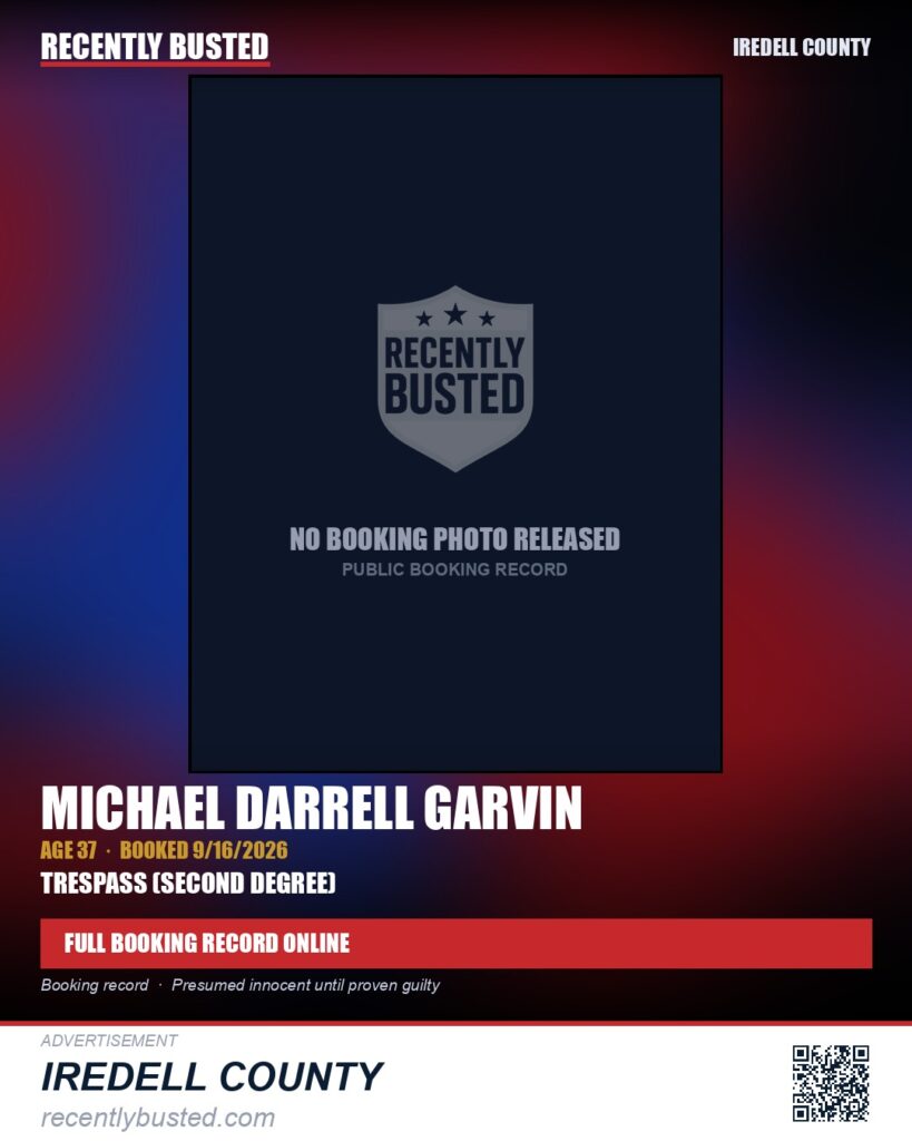 MICHAEL DARRELL GARVIN — arrest record card, Iredell County
