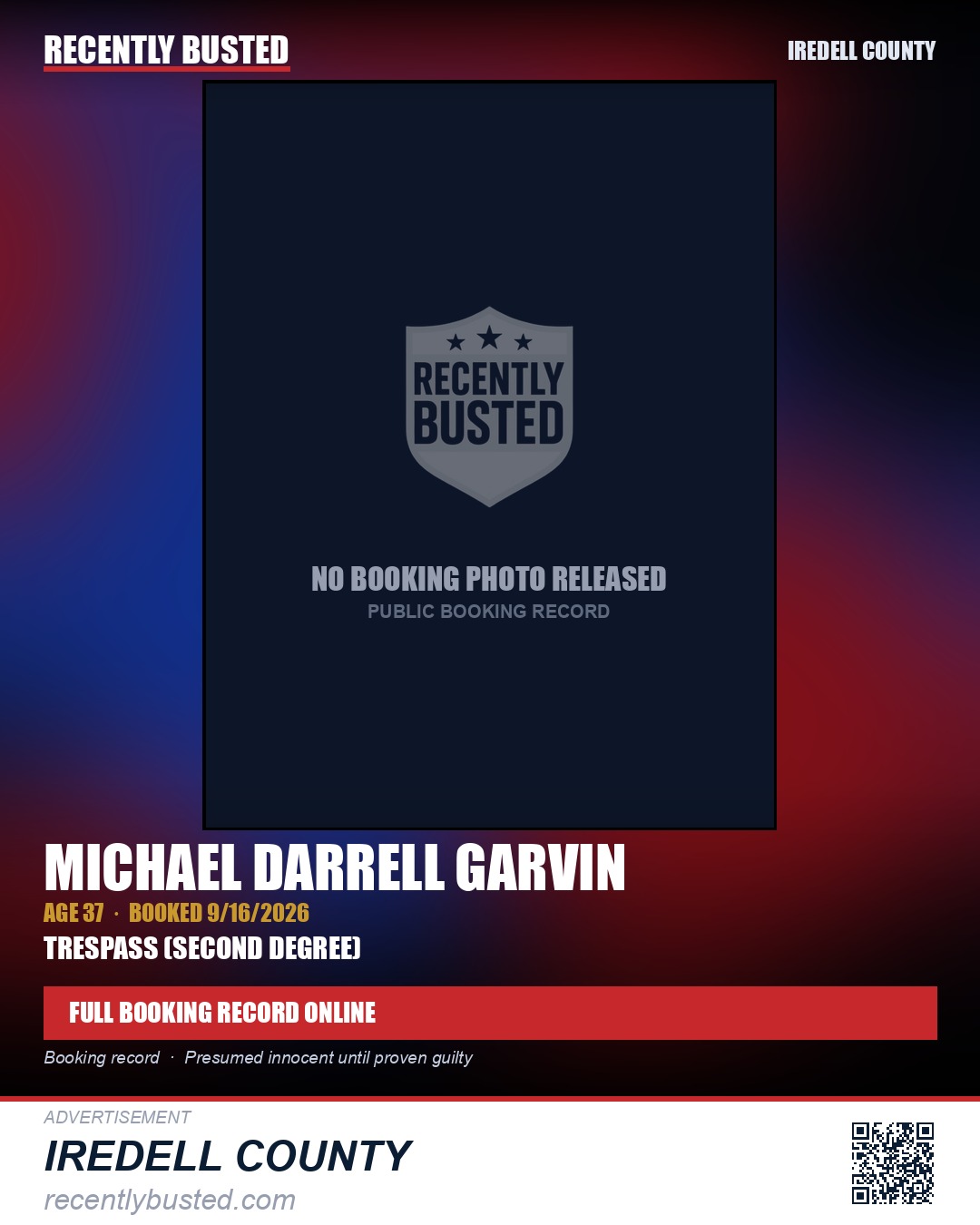 MICHAEL DARRELL GARVIN — arrest record card, Iredell County