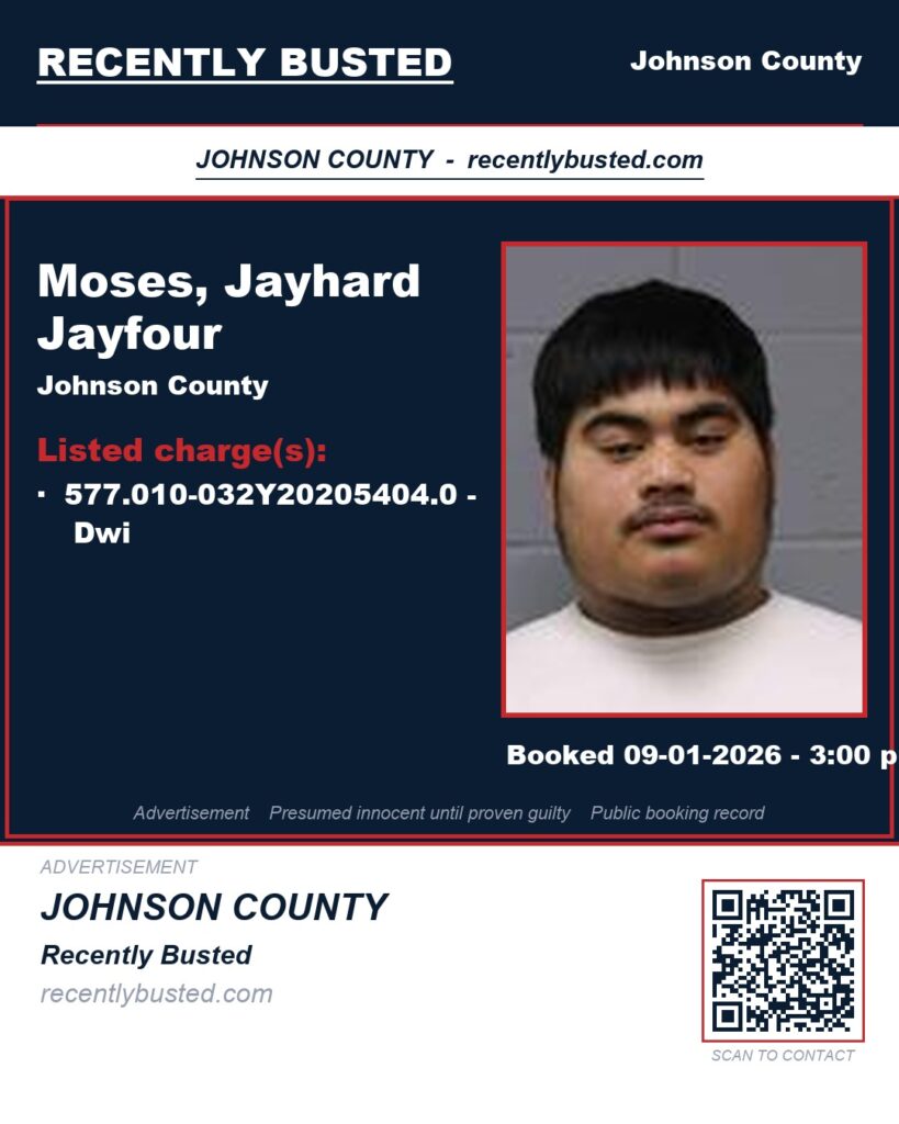 MOSES, JAYHARD JAYFOUR — arrest record card, Johnson County, Missouri