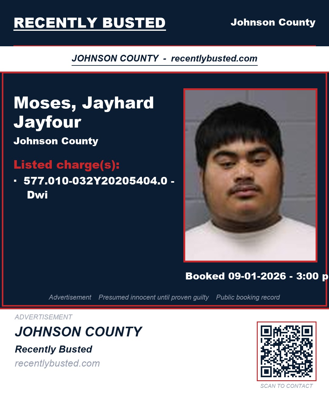 MOSES, JAYHARD JAYFOUR — arrest record card, Johnson County, Missouri