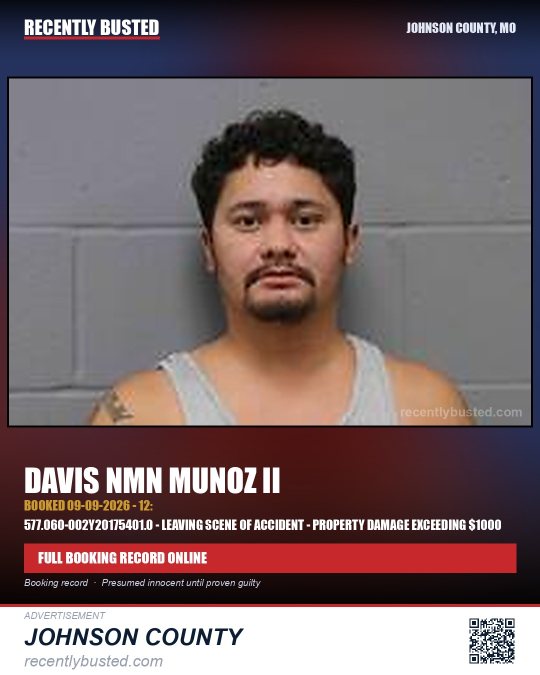 MUNOZ II, DAVIS NMN — arrest record card, Johnson County, Missouri