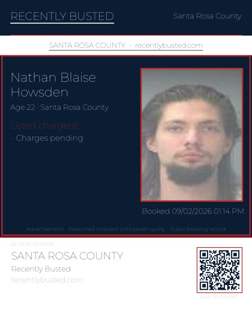 Nathan Blaise Howsden — arrest record card, Santa Rosa County, Florida