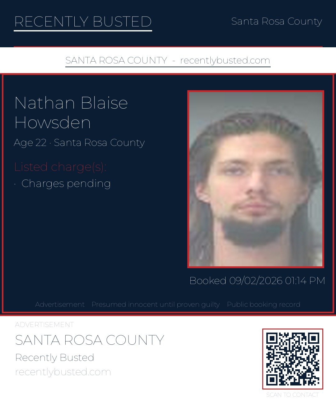 Nathan Blaise Howsden — arrest record card, Santa Rosa County, Florida