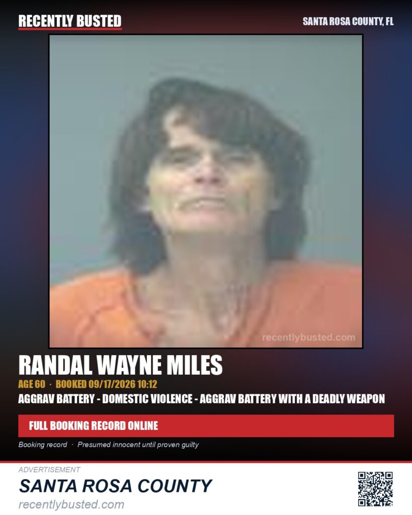 Randal Wayne Miles — arrest record card, Santa Rosa County, Florida