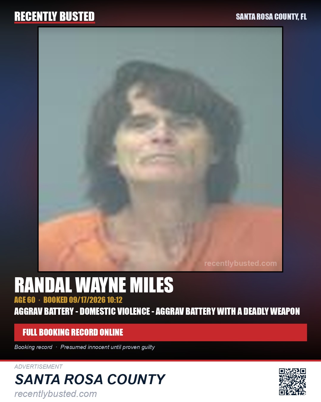 Randal Wayne Miles — arrest record card, Santa Rosa County, Florida
