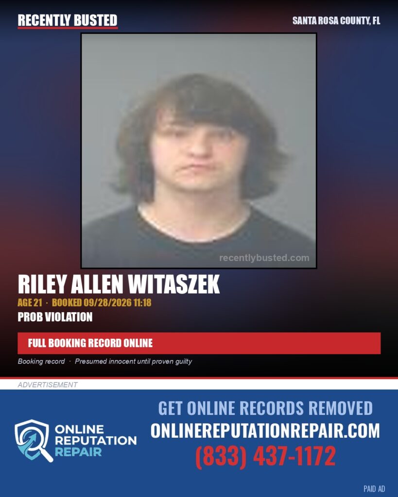 Riley Allen Witaszek — arrest record card, Santa Rosa County, Florida