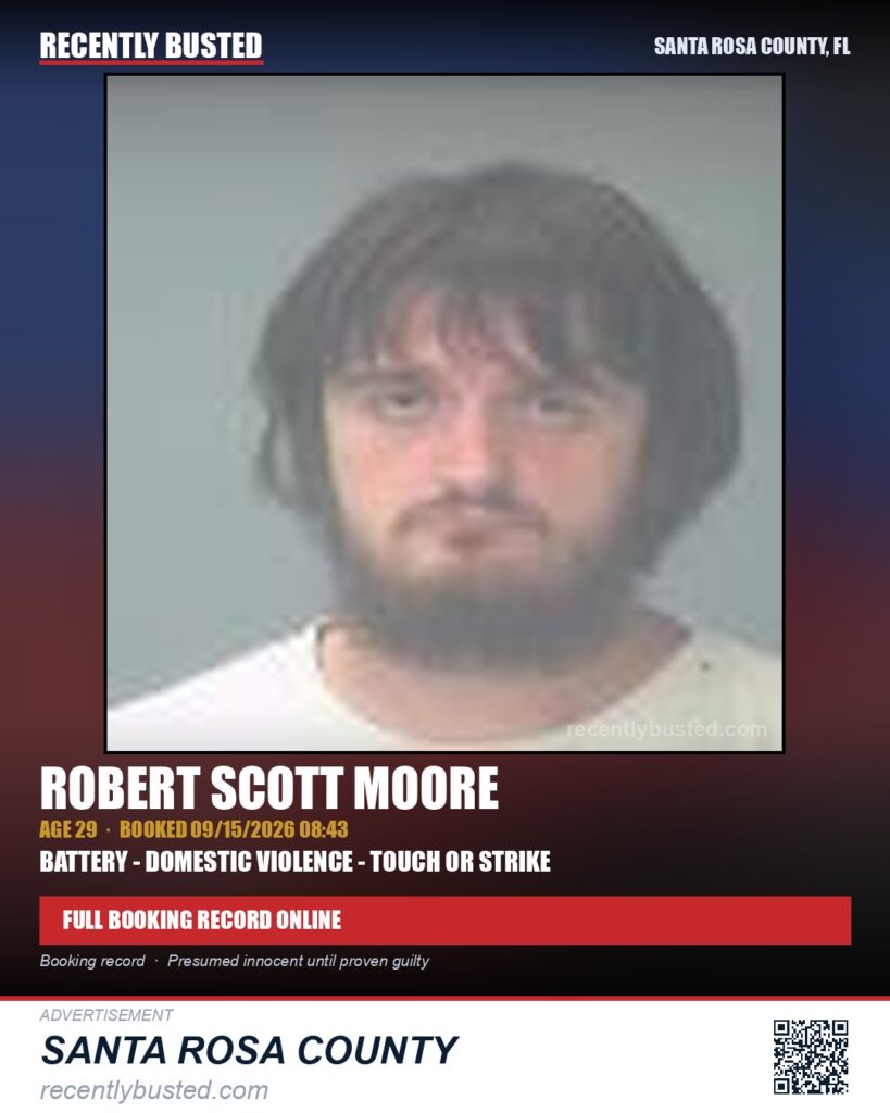 Robert Scott Moore — arrest record card, Santa Rosa County, Florida