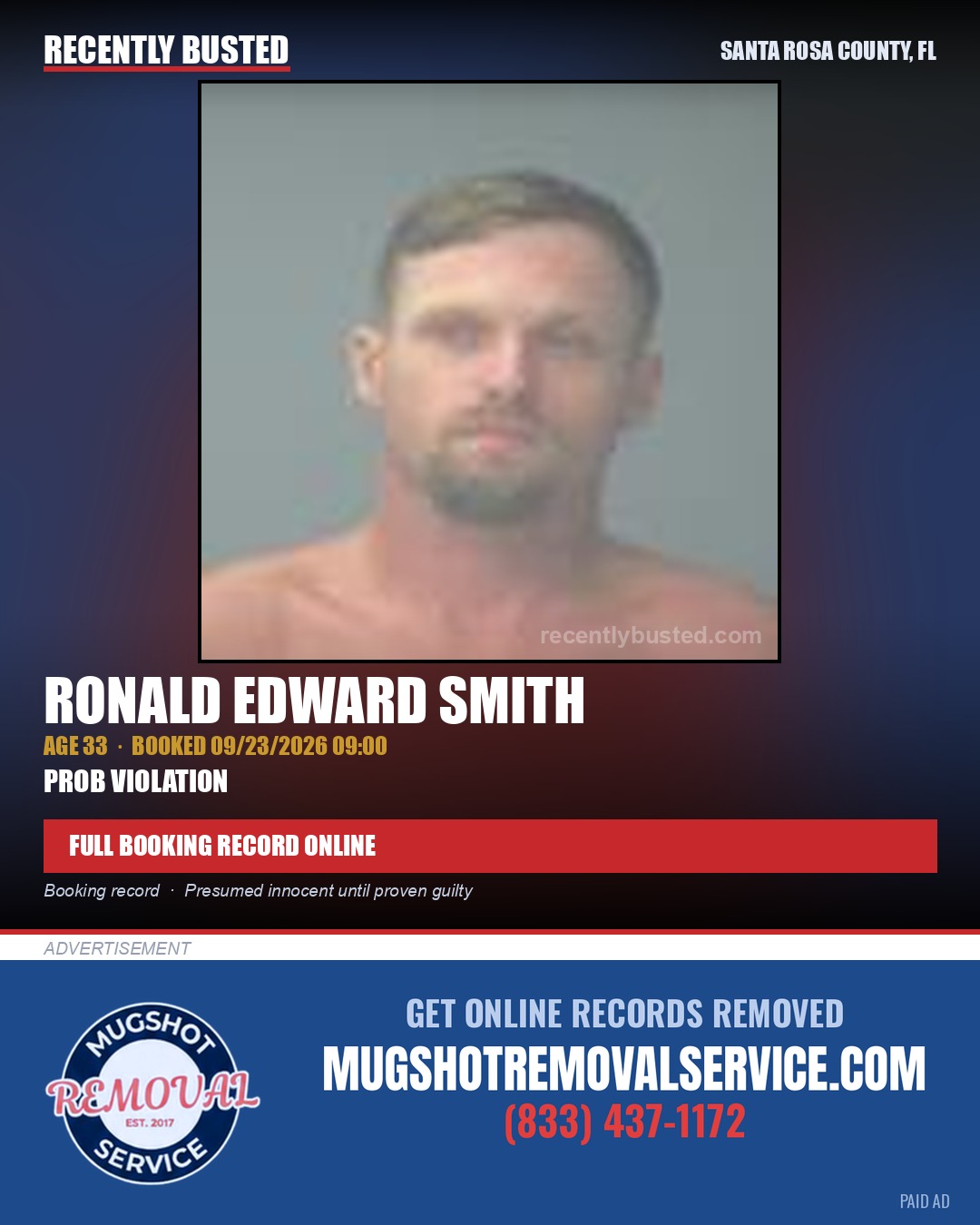 Ronald Edward Smith — arrest record card, Santa Rosa County, Florida