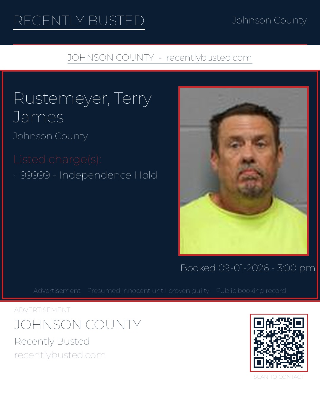 RUSTEMEYER, TERRY JAMES — arrest record card, Johnson County, Missouri