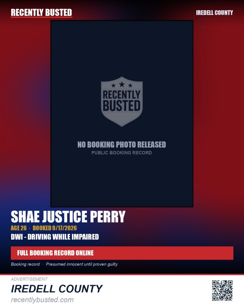 SHAE JUSTICE PERRY — arrest record card, Iredell County