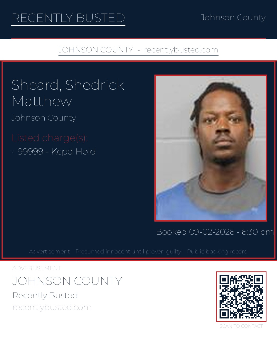 SHEARD, SHEDRICK MATTHEW — arrest record card, Johnson County, Missouri
