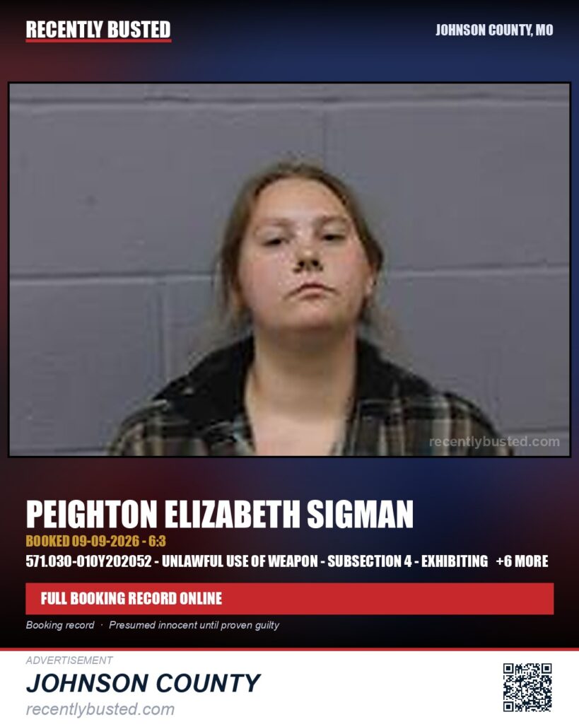 SIGMAN, PEIGHTON ELIZABETH — arrest record card, Johnson County, Missouri
