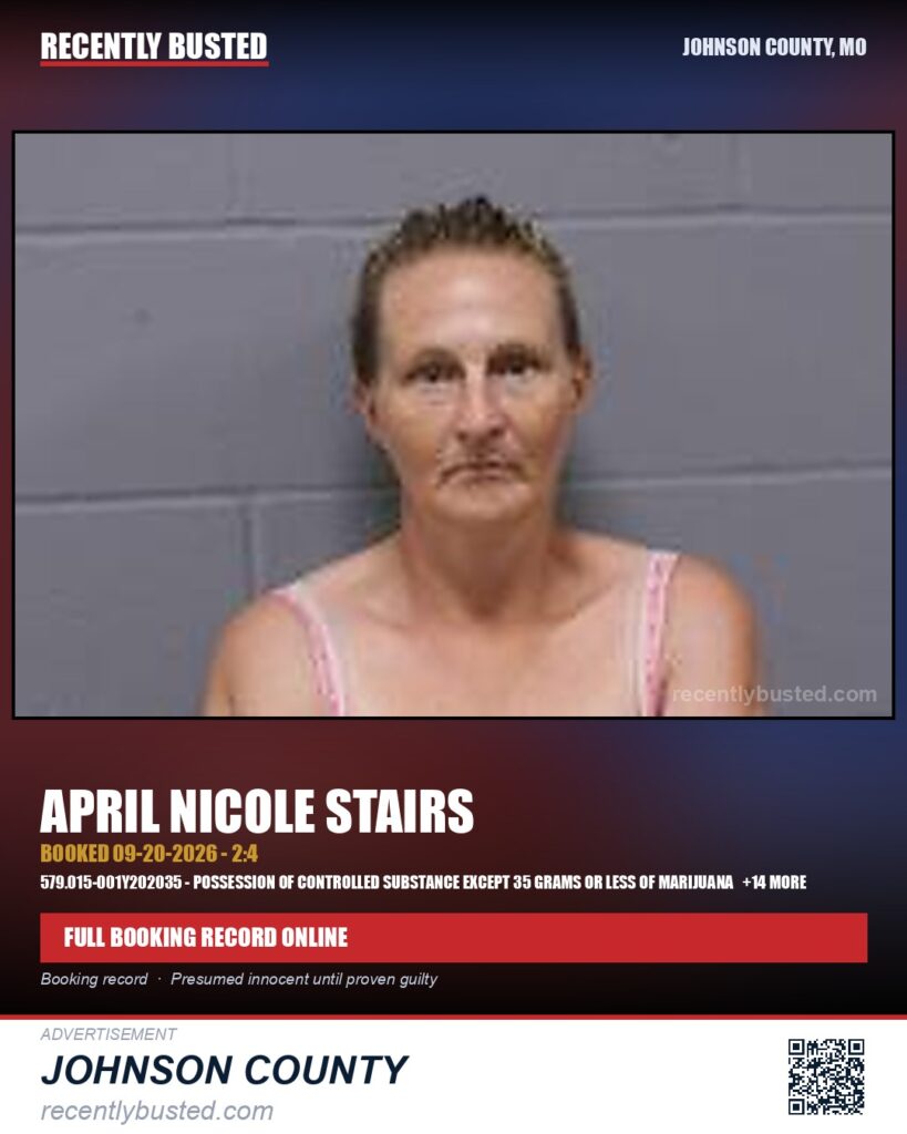 STAIRS, APRIL NICOLE — arrest record card, Johnson County, Missouri