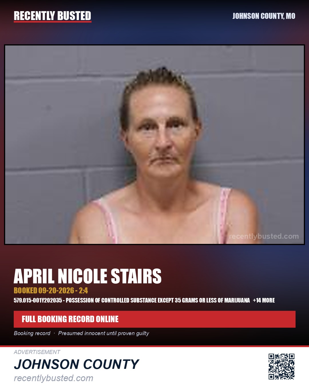 STAIRS, APRIL NICOLE — arrest record card, Johnson County, Missouri