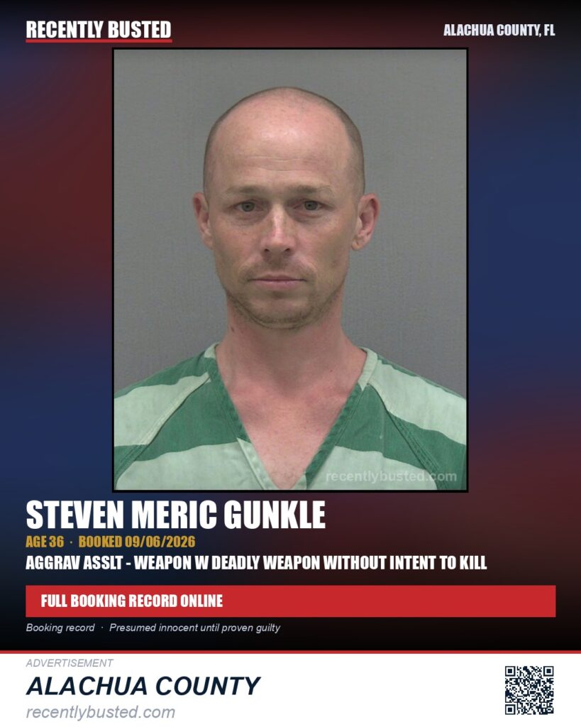 Steven Meric Gunkle — arrest record card, Alachua County, Florida