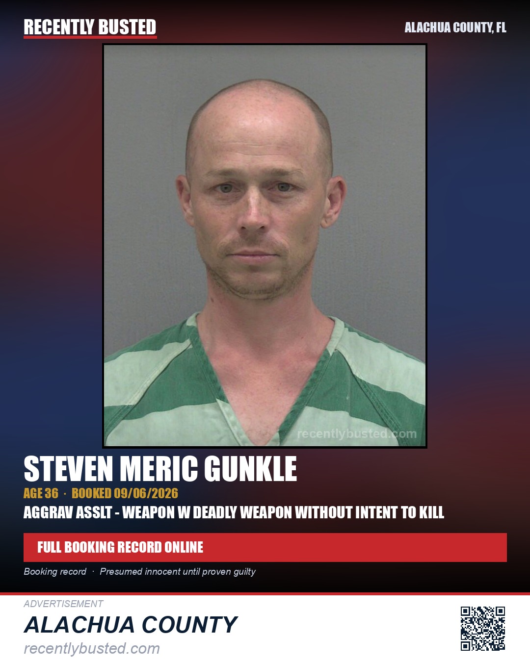 Steven Meric Gunkle — arrest record card, Alachua County, Florida