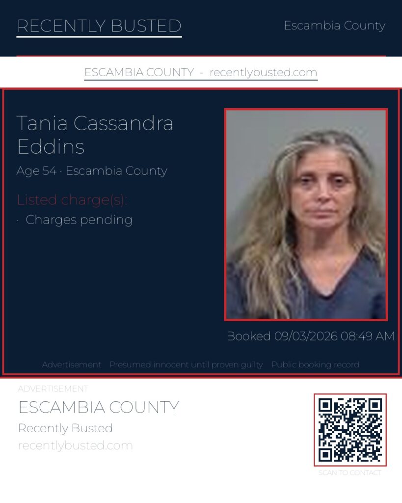 Tania Cassandra Eddins — arrest record card, Escambia County, Florida
