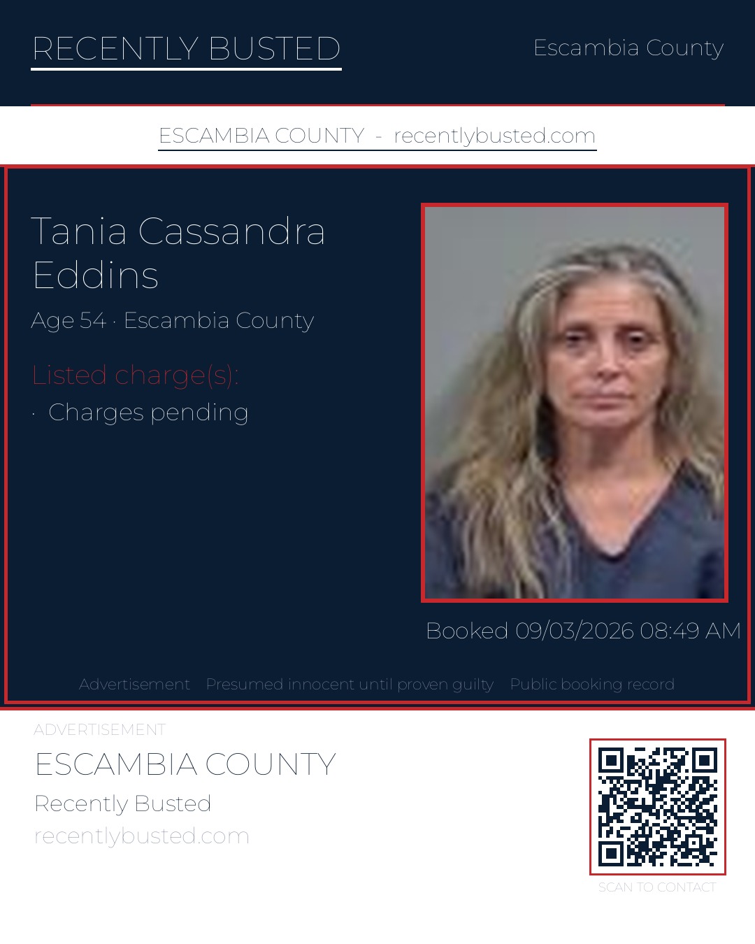 Tania Cassandra Eddins — arrest record card, Escambia County, Florida