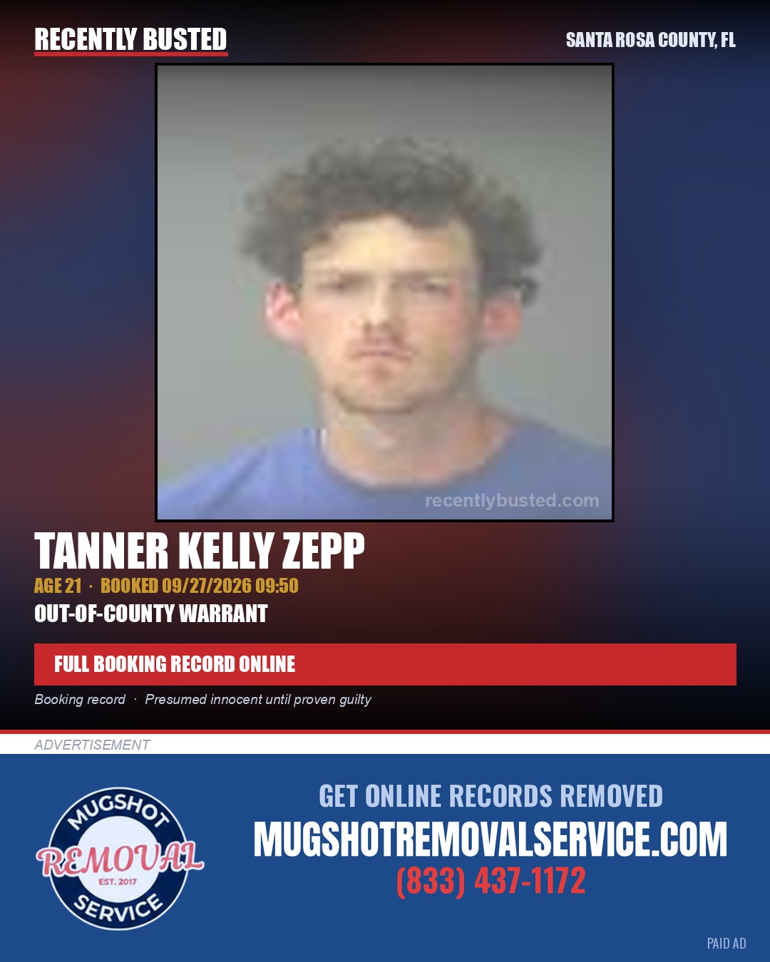 Tanner Kelly Zepp — arrest record card, Santa Rosa County, Florida