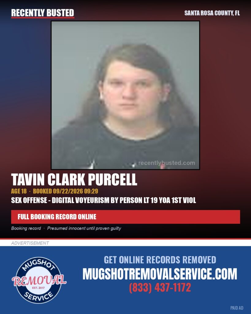 Tavin Clark Purcell — arrest record card, Santa Rosa County, Florida