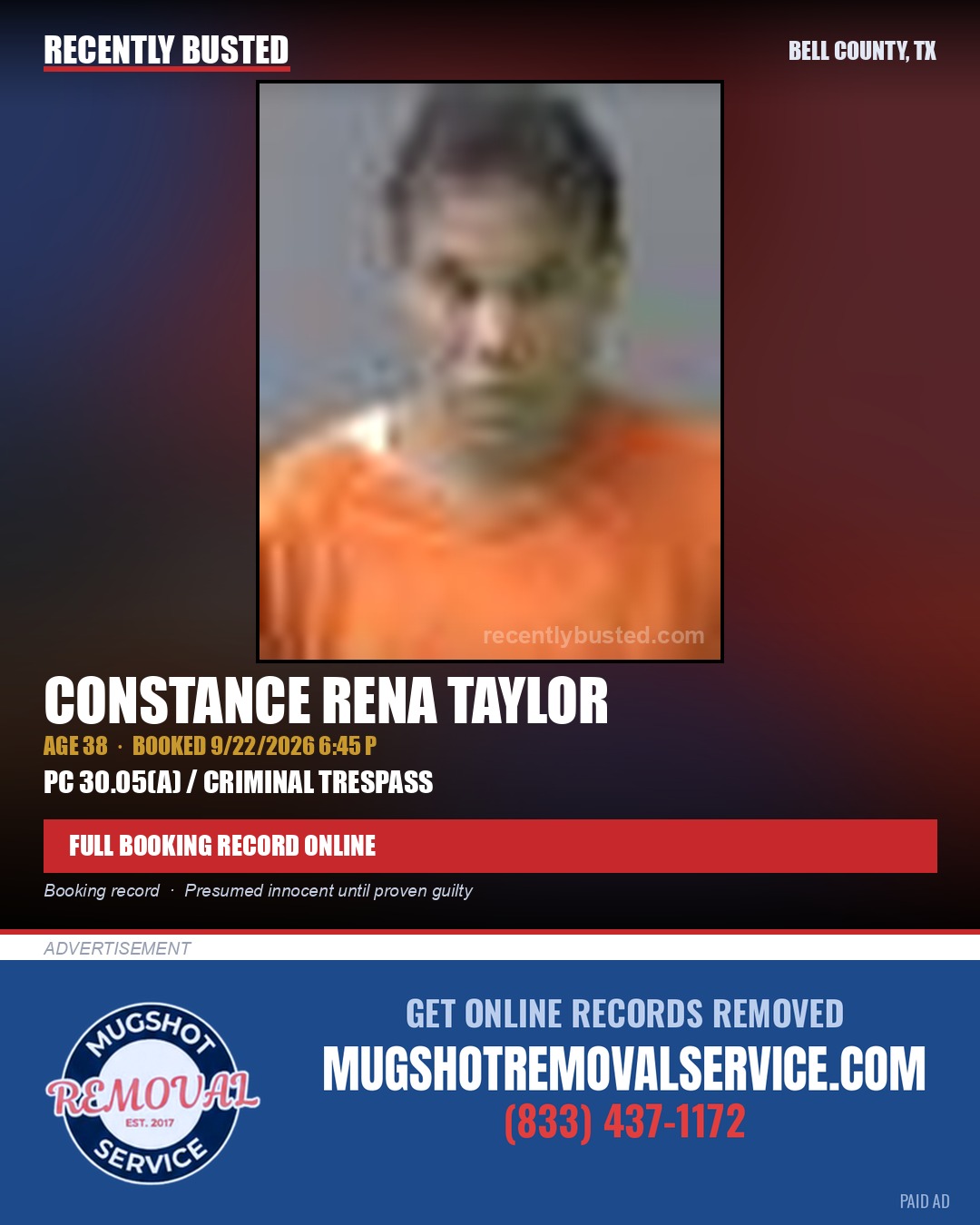 TAYLOR, CONSTANCE RENA — arrest record card, Bell County, Texas
