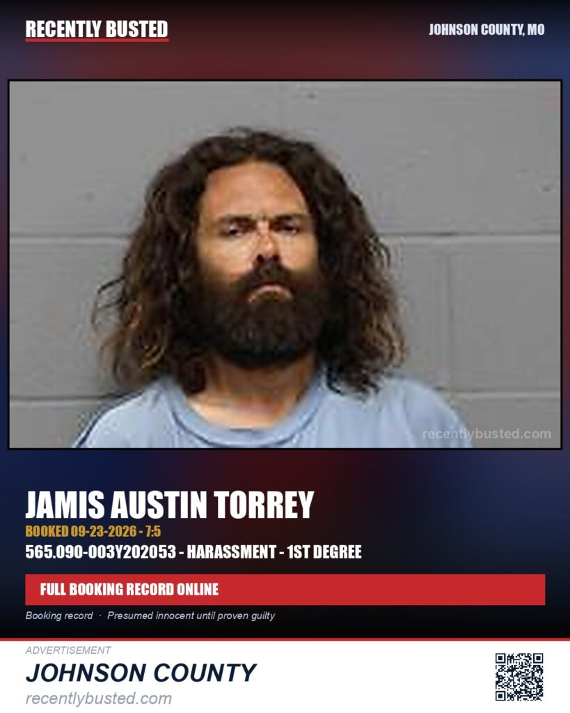 TORREY, JAMIS AUSTIN — arrest record card, Johnson County, Missouri